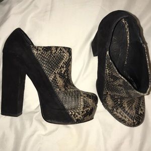 Snake print high heel booties